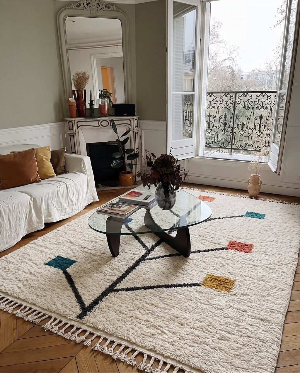 Ivory Azilal rug with a branching tree motif in a living room