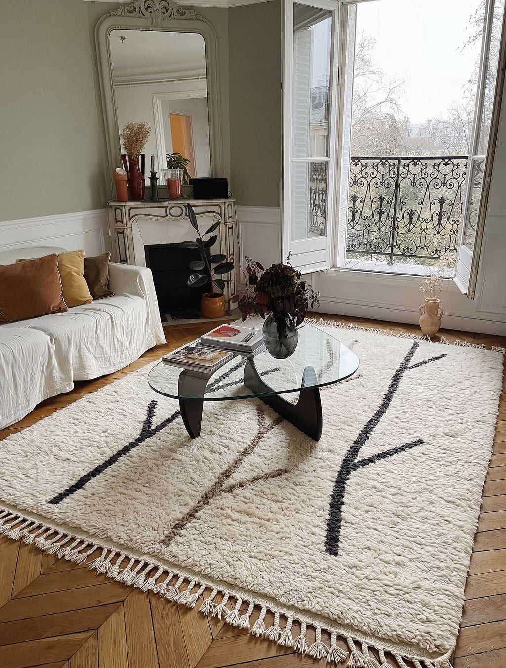 Ivory Beni Ourain rug with branch lines in a living room