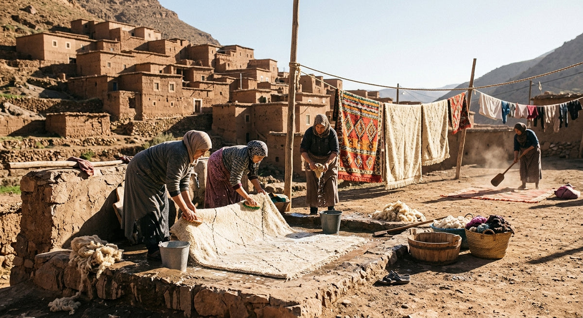 Lavage des tapis berbères en laine dans un village de l'Atlas