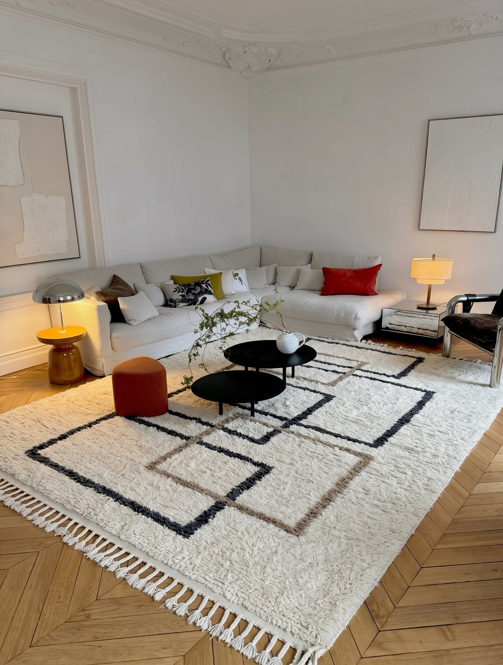 Ivory Beni Ourain rug with overlapping squares in a living room