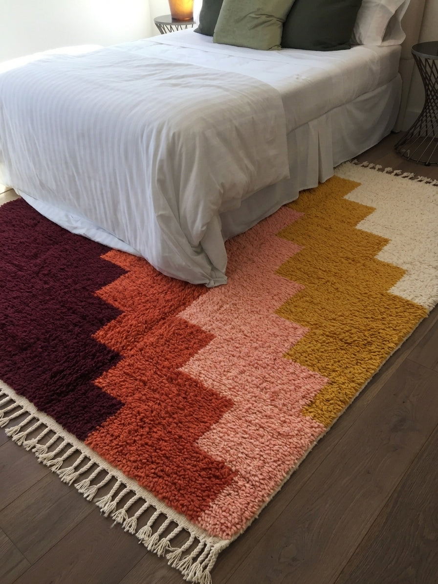 Tawri Boujaad rug with a diagonal staircase in a bedroom