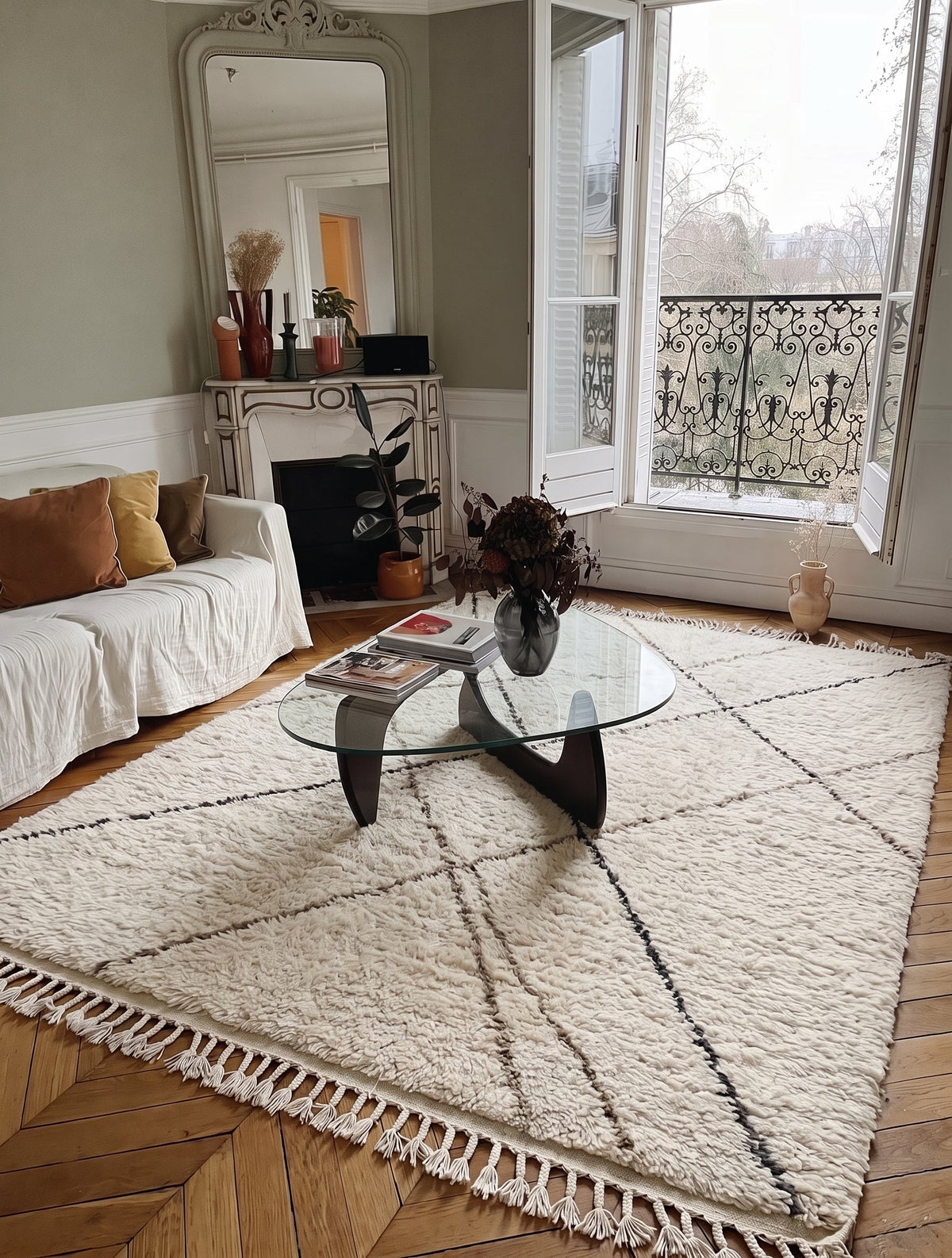 Ivory Beni Ourain rug with crossing lines in a living room