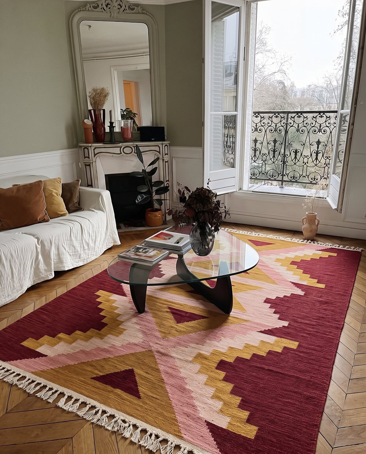 Tala burgundy kilim in a living room