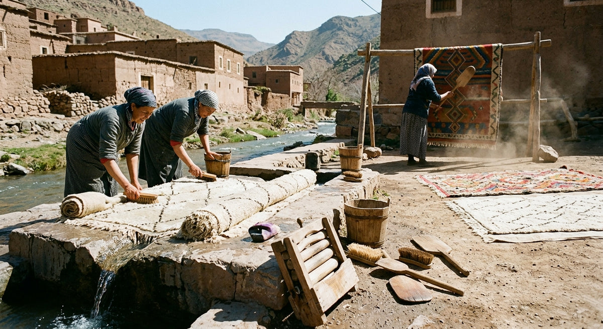 Lavage, brossage et battage des tapis berbères au bord de la rivière dans un village de l'Atlas