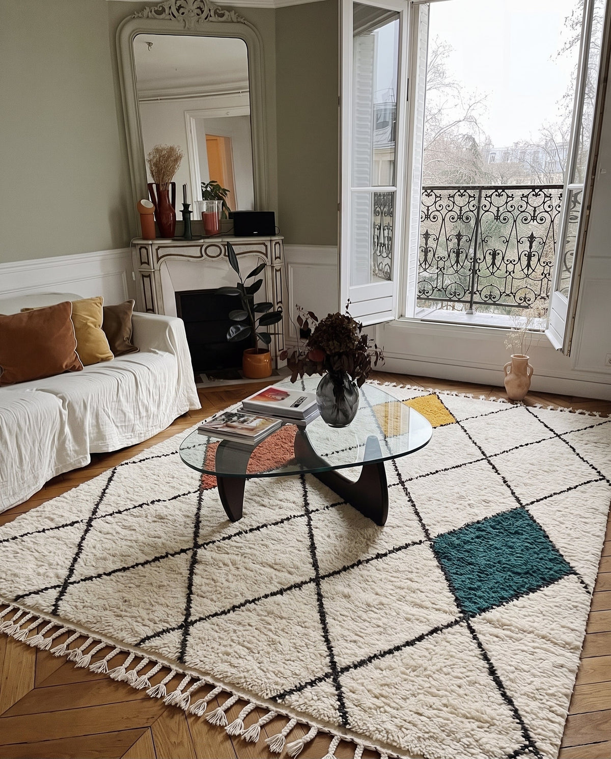 Ivory Azilal rug with a diamond lattice and colorful accents in a living room