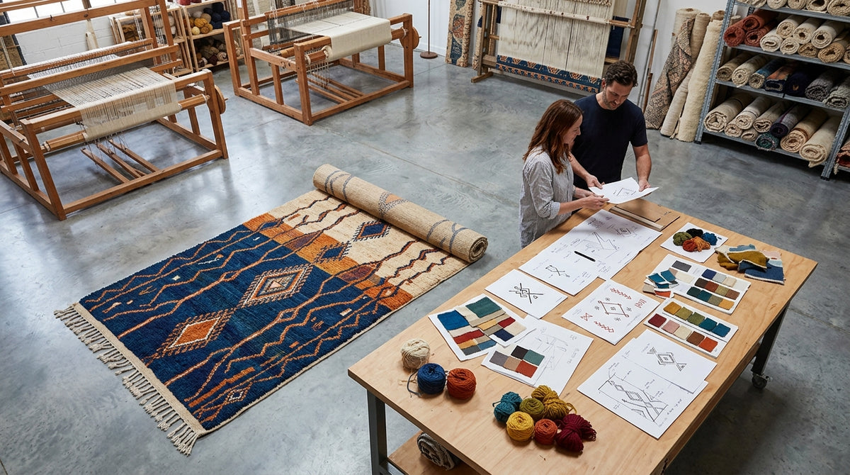 Atelier de tissage avec métiers à tisser, croquis de motifs berbères et échantillons de laine pour un tapis sur mesure