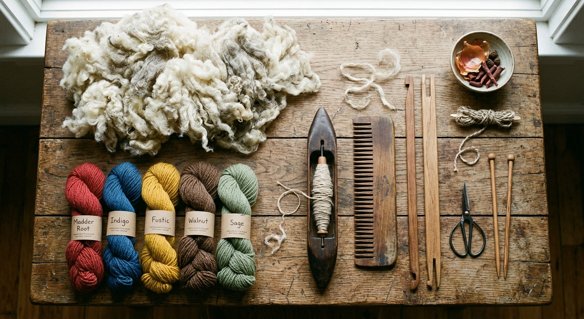 Laine brute, écheveaux teints naturellement et outils de tissage traditionnels