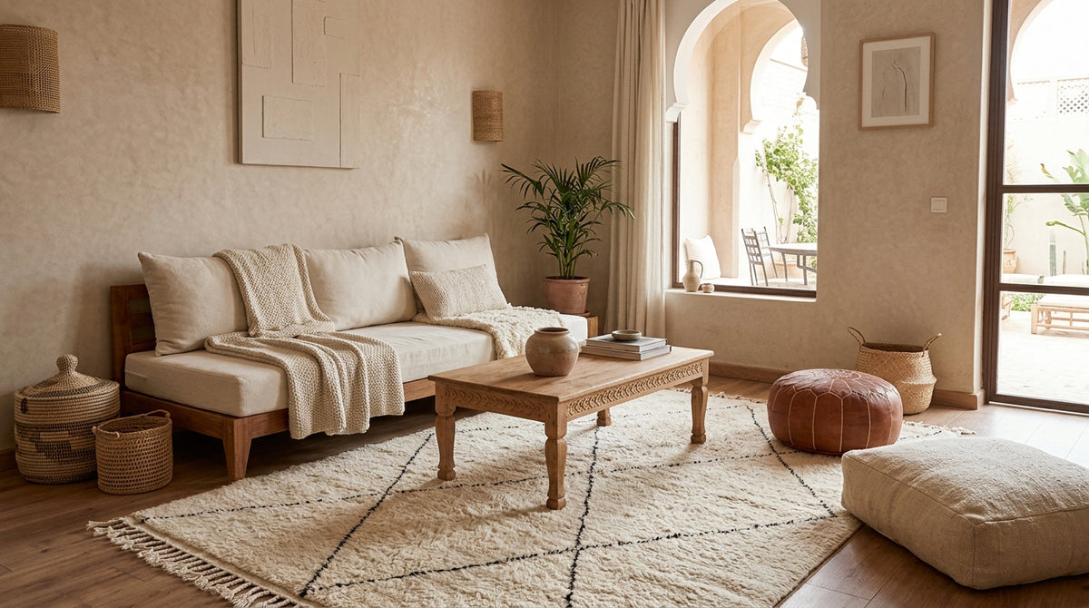 Tapis Beni Ourain ivoire à losanges sous une table basse dans un salon marocain