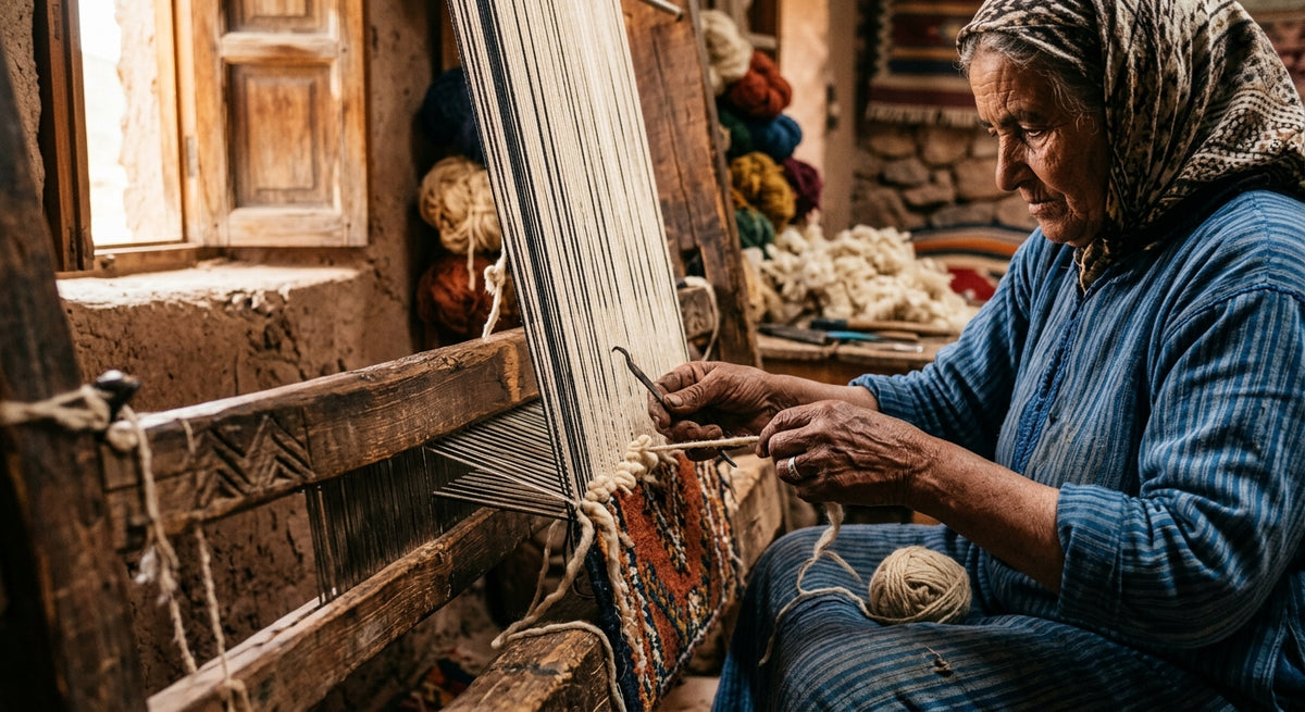 Tisserande nouant un tapis berbère sur un métier à tisser traditionnel