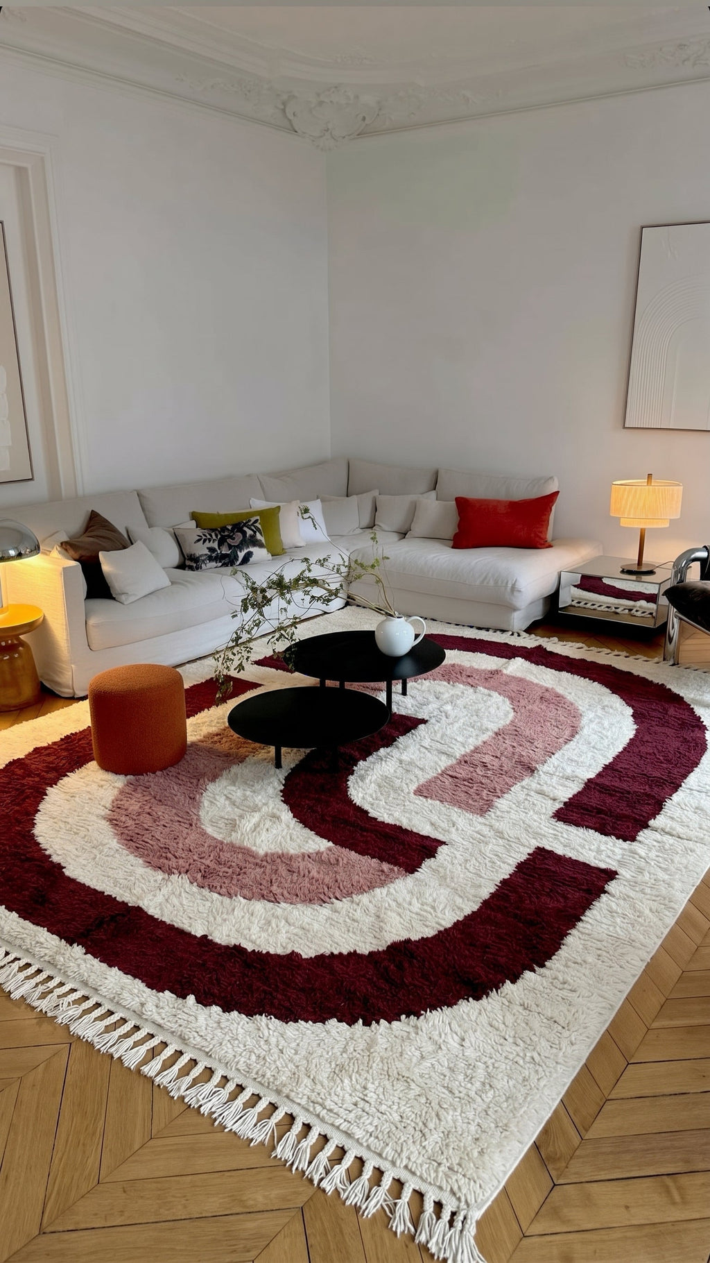 Burgundy and pink Mrirt rug model 05 in a living room