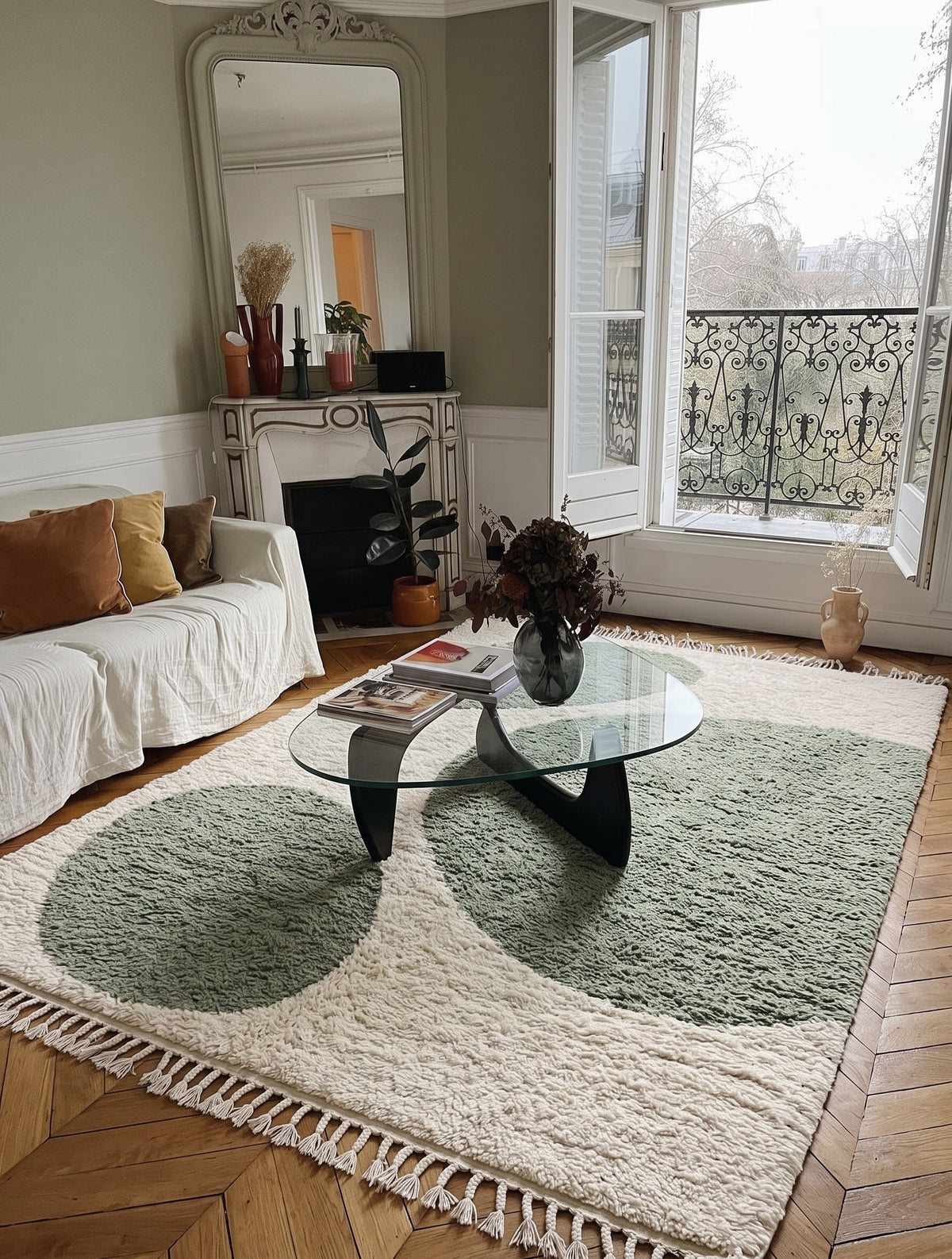 Green Mrirt rug model 03 with organic shapes in a living room