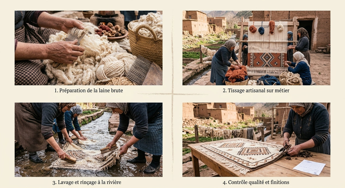 Les quatre étapes de fabrication d'un tapis berbère : préparation de la laine, tissage, lavage à la rivière, contrôle qualité et finitions