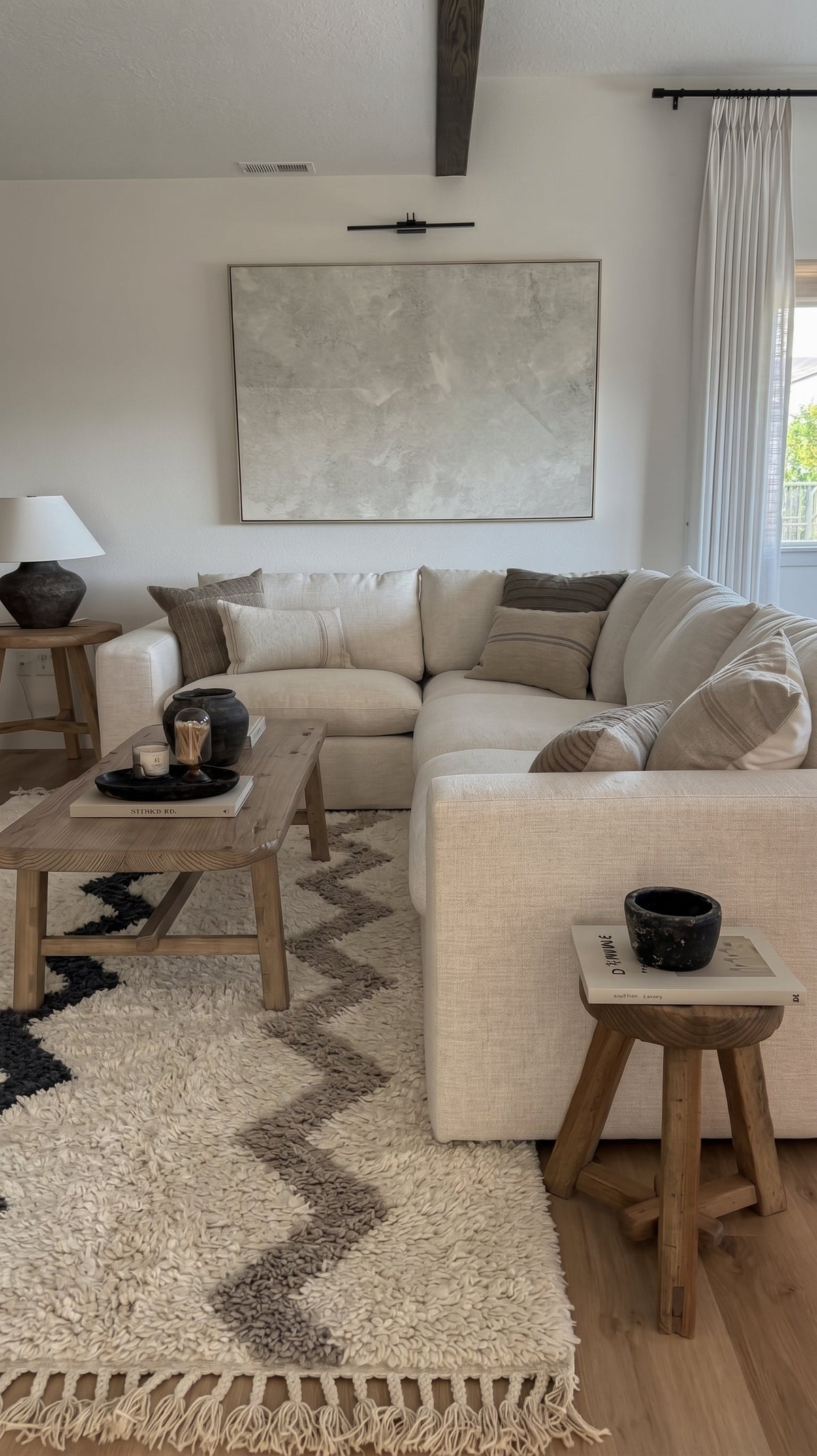 Ivory Beni Ourain rug with zigzag lines in a living room