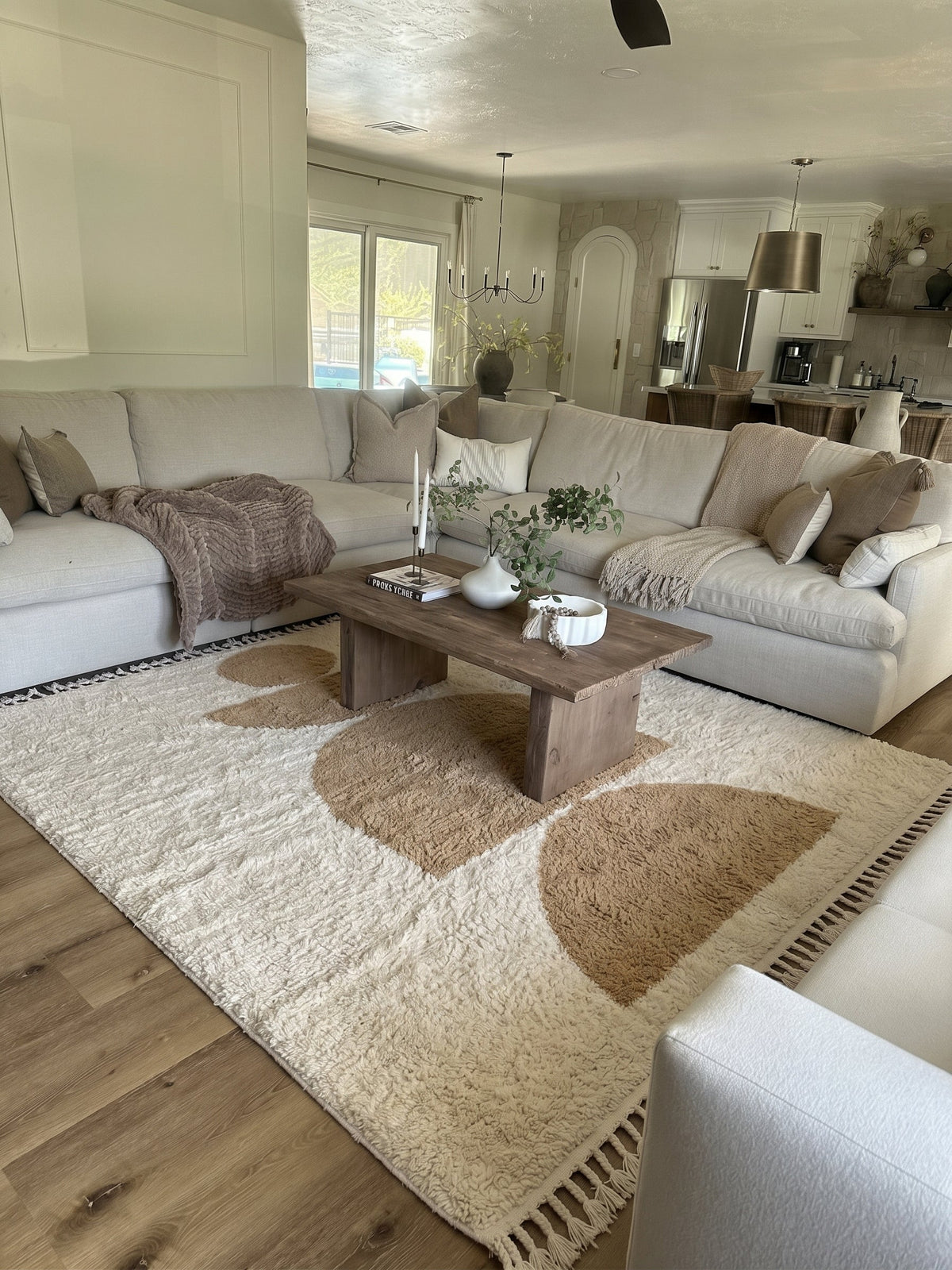 Mustard Mrirt rug model 06 with stacked shapes in a living room