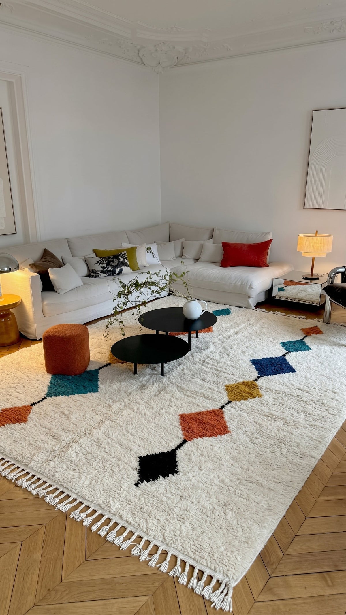 Ivory Azilal rug with columns of colorful diamonds in a living room