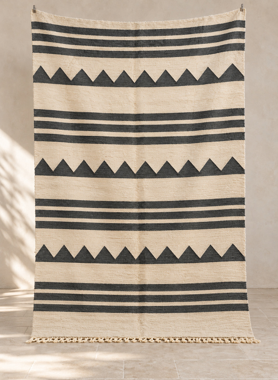 Ivory Tiski kilim with charcoal stripes and triangles, full view