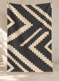 Charcoal Ammas kilim with ivory chevron steps, full view