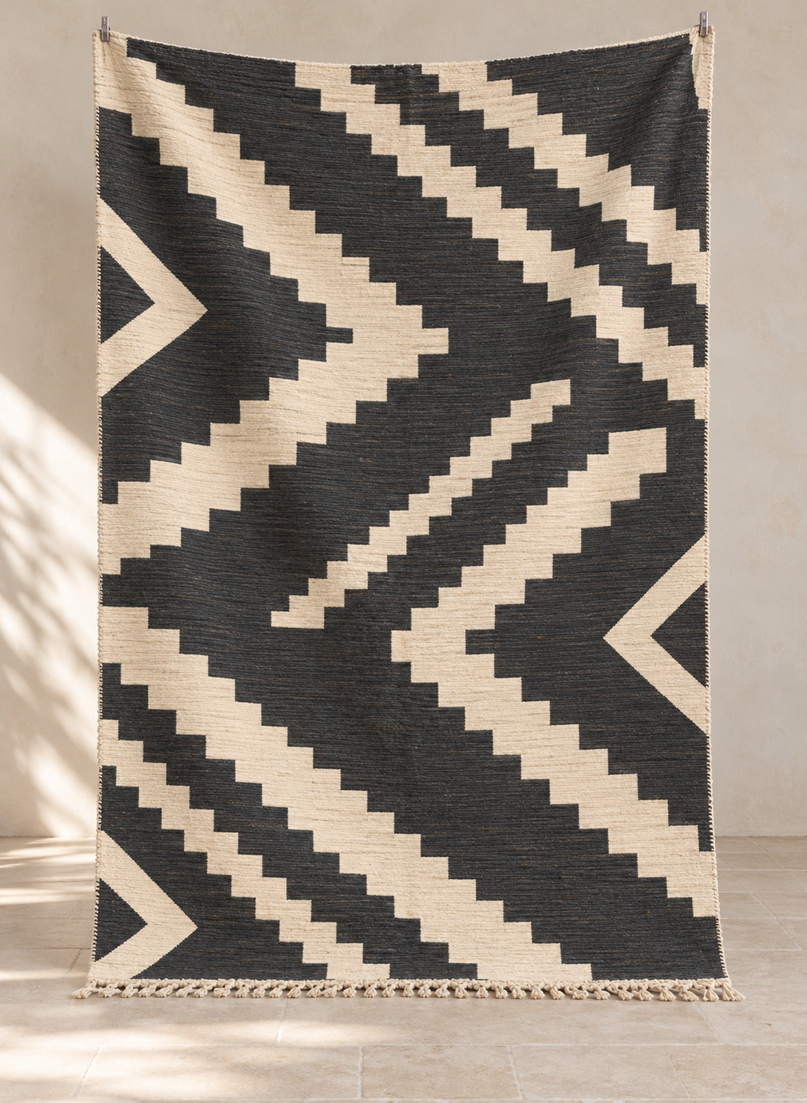 Charcoal Ammas kilim with ivory chevron steps, full view
