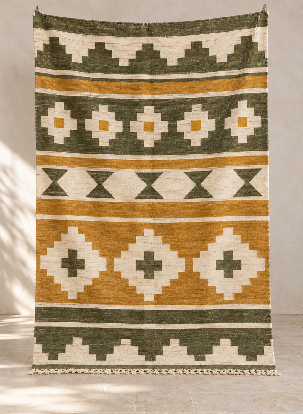 Mustard Tafat kilim with olive and cream bands, full view