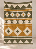 Mustard Tafat kilim with olive and cream bands, full view