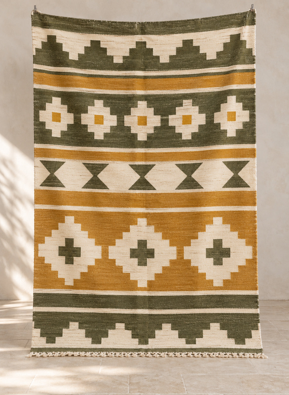 Mustard Tafat kilim with olive and cream bands, full view