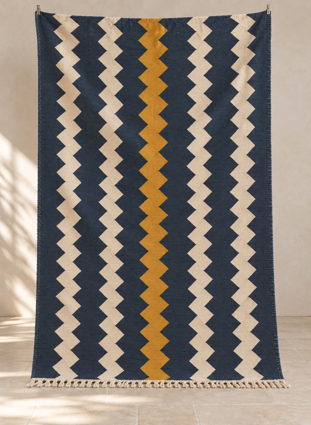 Navy Azur kilim with mustard stripe and zigzag bands, full view