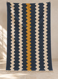 Navy Azur kilim with mustard stripe and zigzag bands, full view
