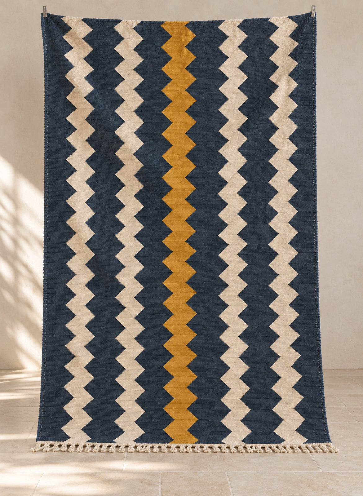 Navy Azur kilim with mustard stripe and zigzag bands, full view