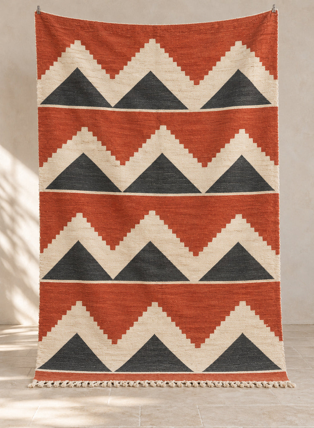 Terracotta Asmoun kilim with charcoal and ivory triangles, full view