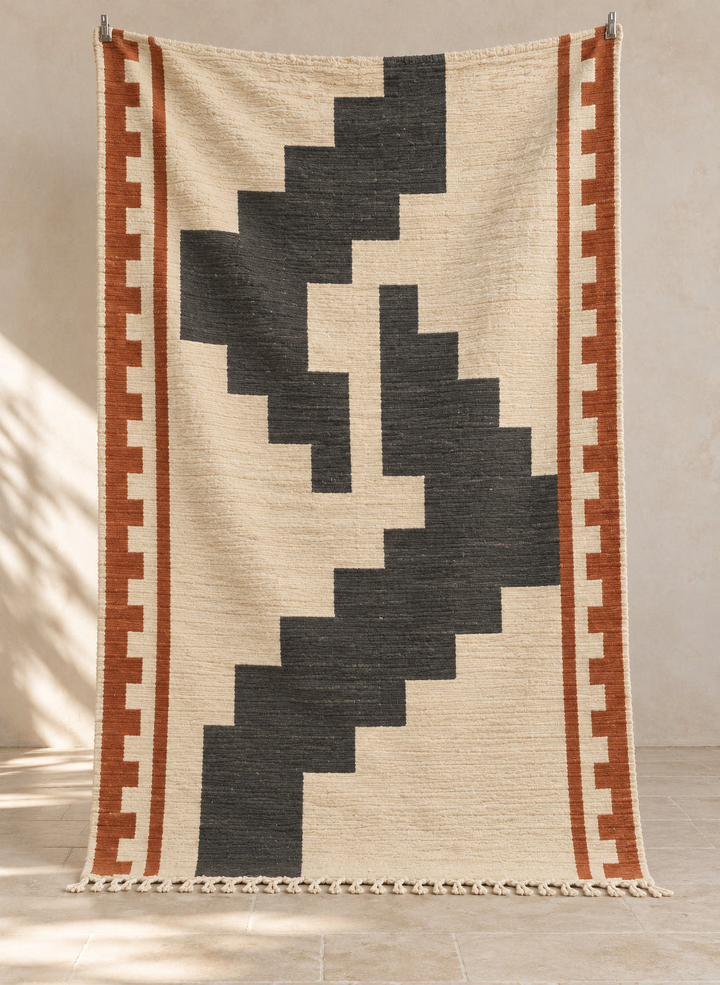 Ivory Amane kilim with charcoal stepped line, full view