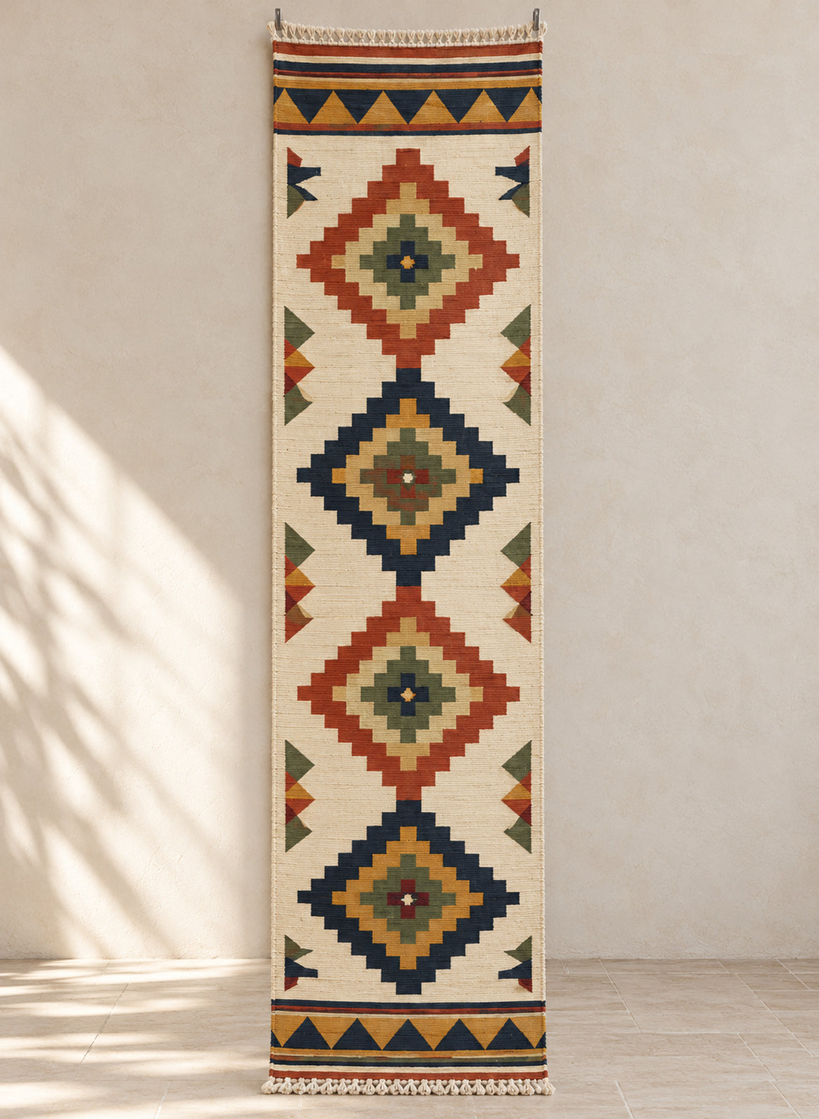 Ivory kilim runner with rust and navy diamond medallions