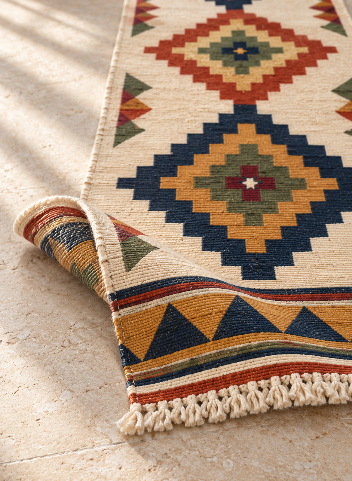 Folded kilim runner showing its thickness