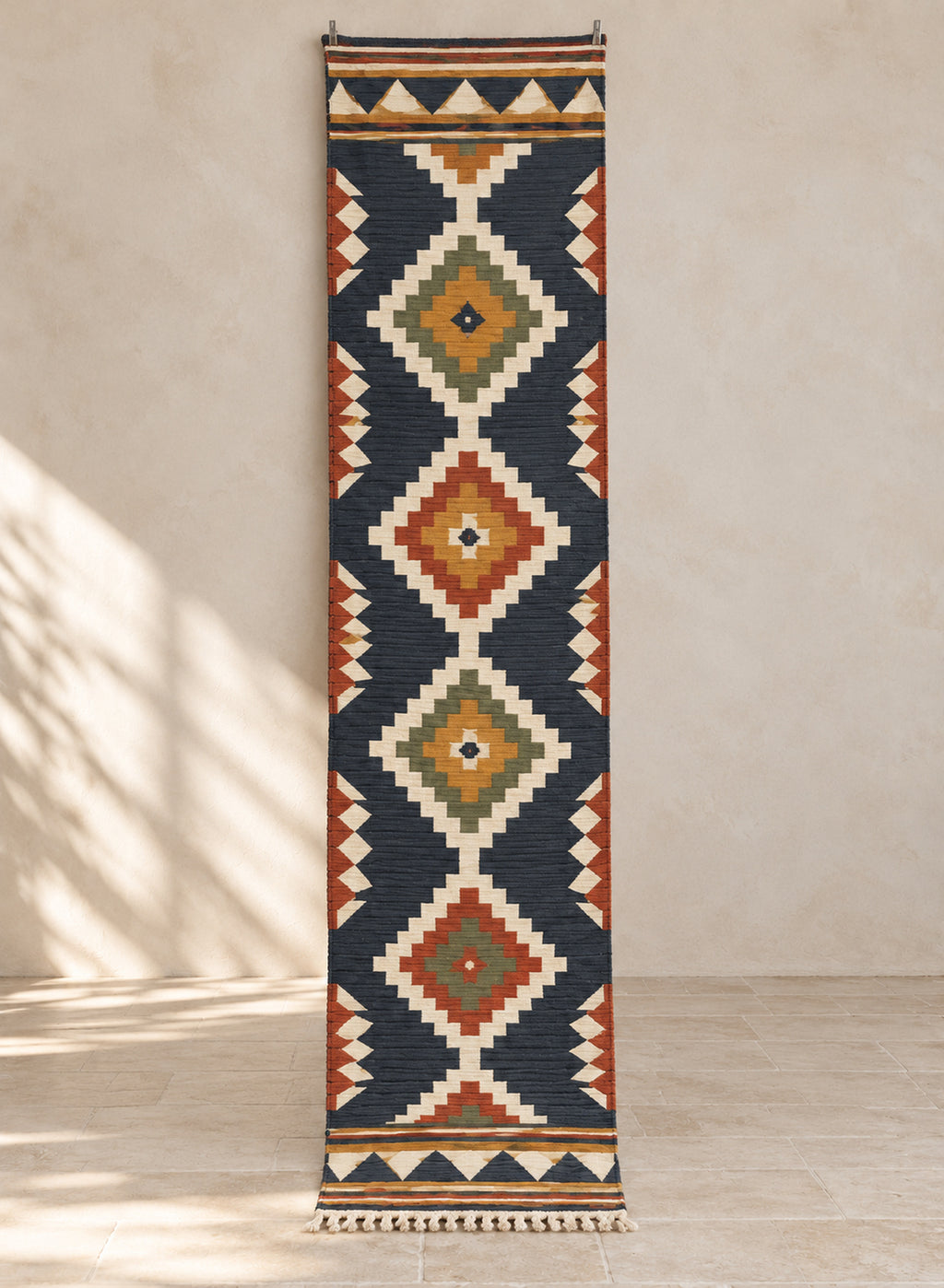 Navy kilim runner with rust and green diamond medallions