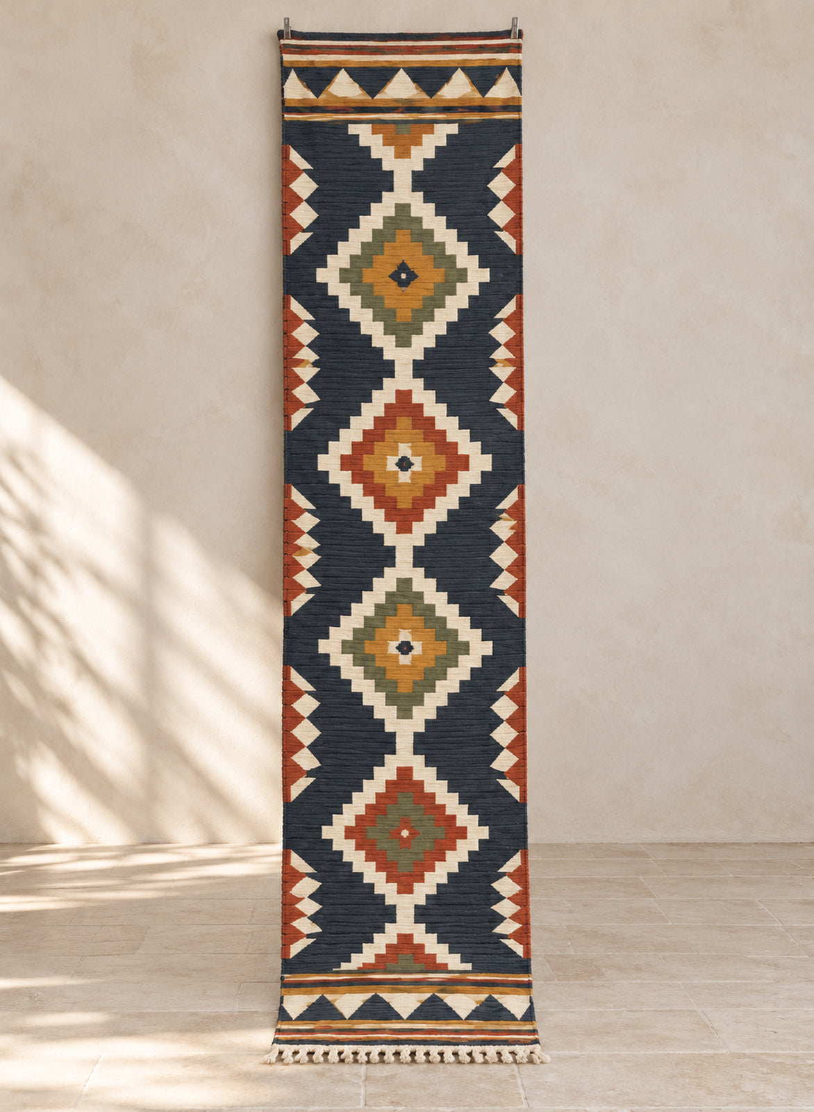 Navy kilim runner with rust and green diamond medallions