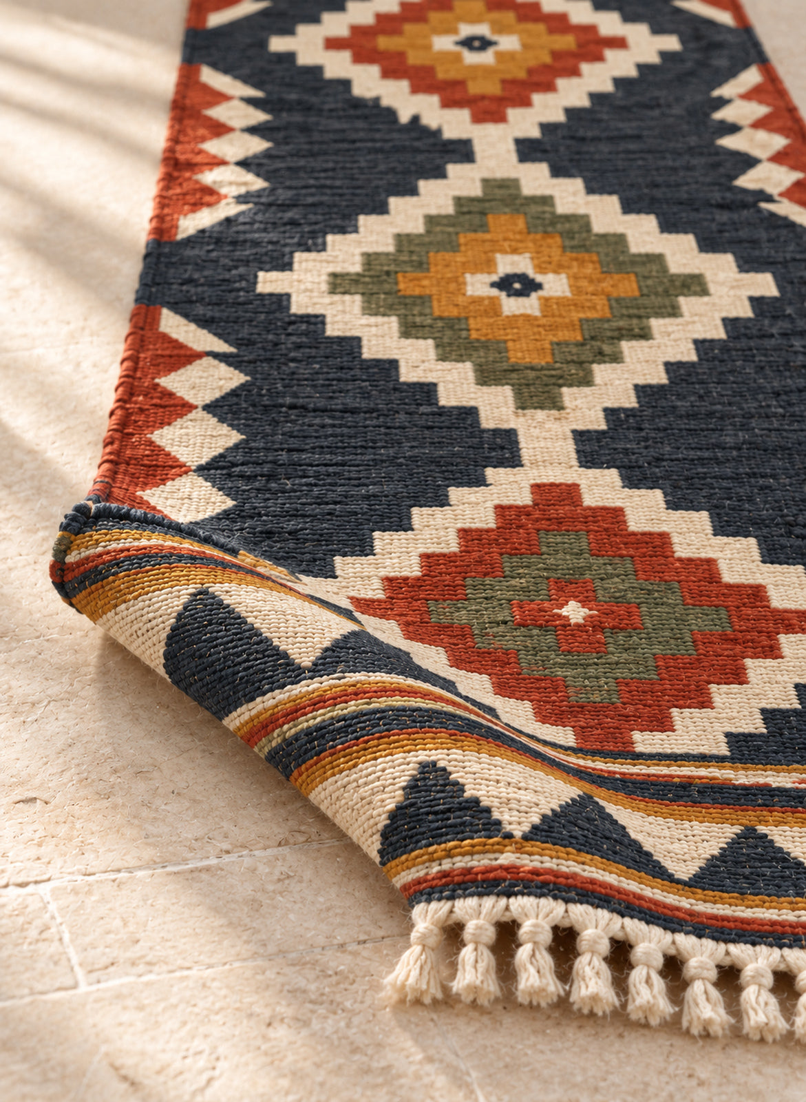 Folded kilim runner showing its thickness