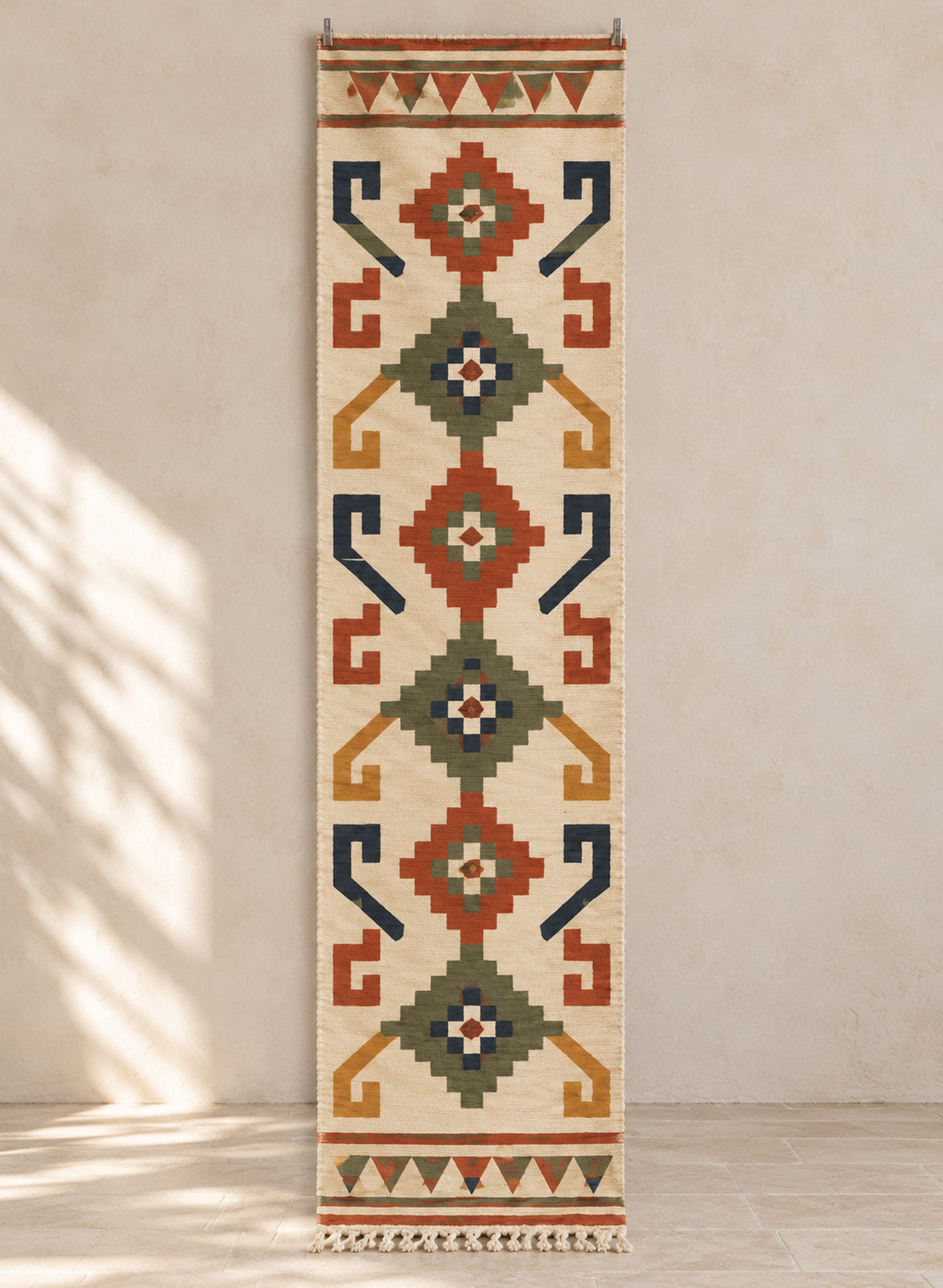 Ivory kilim runner with rust and green hooked medallions