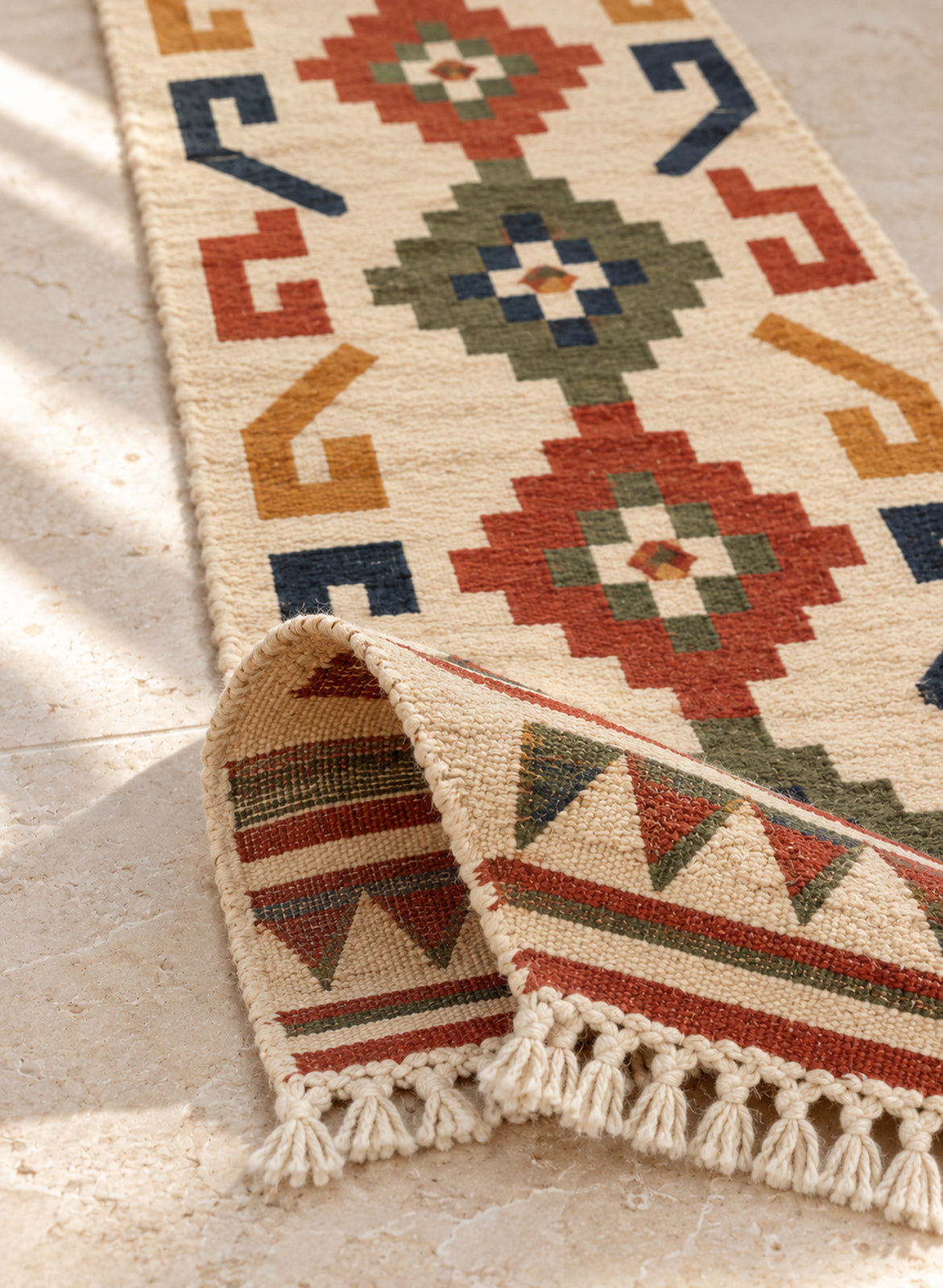 Folded kilim runner showing its thickness