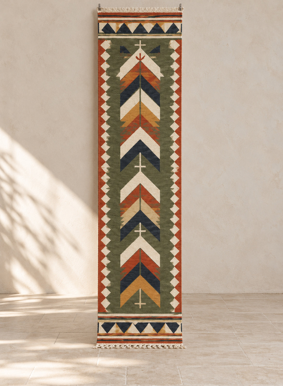 Green kilim runner with rust and ivory chevrons