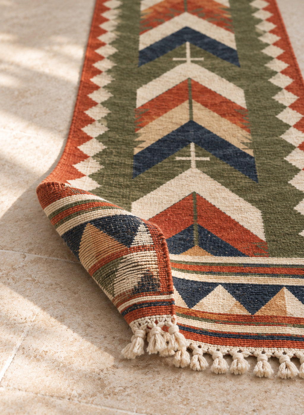Folded kilim runner showing its thickness
