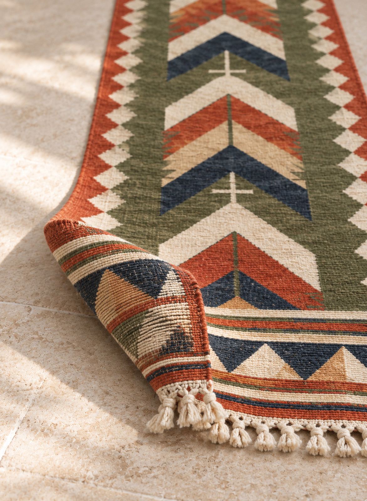 Folded kilim runner showing its thickness