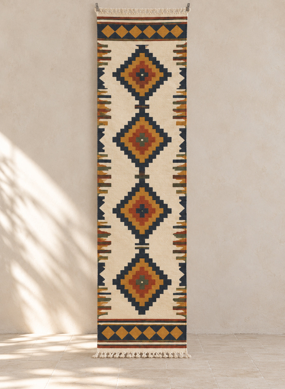 Ivory kilim runner with mustard and navy diamond medallions