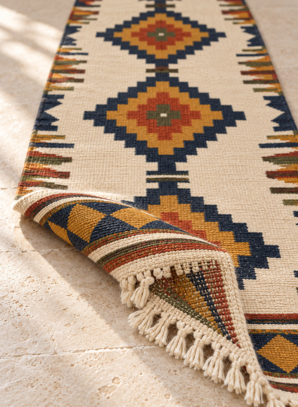 Folded kilim runner showing its thickness