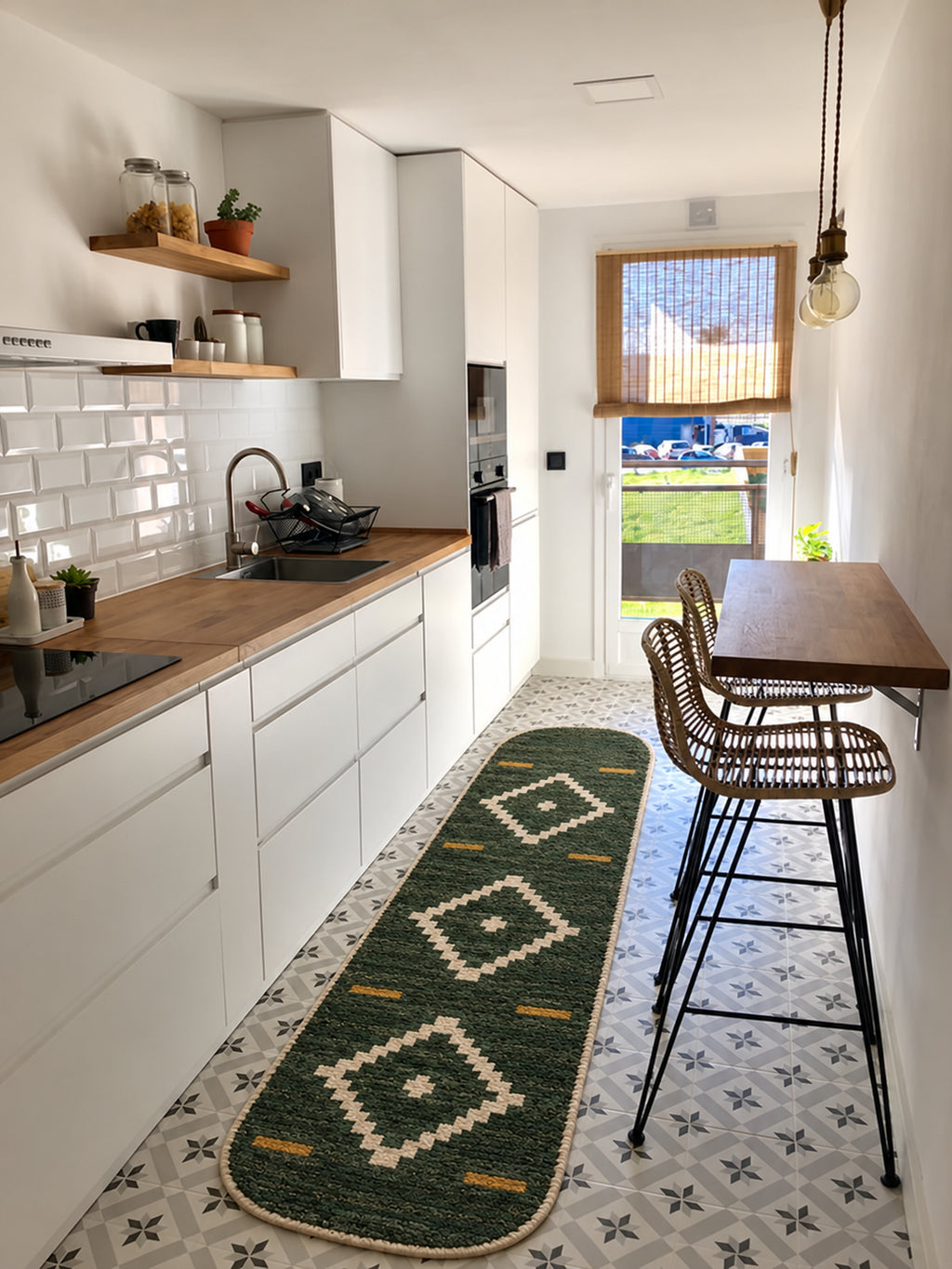 Forest Green Beni Ourain runner with ivory diamonds and mustard accents in a styled interior