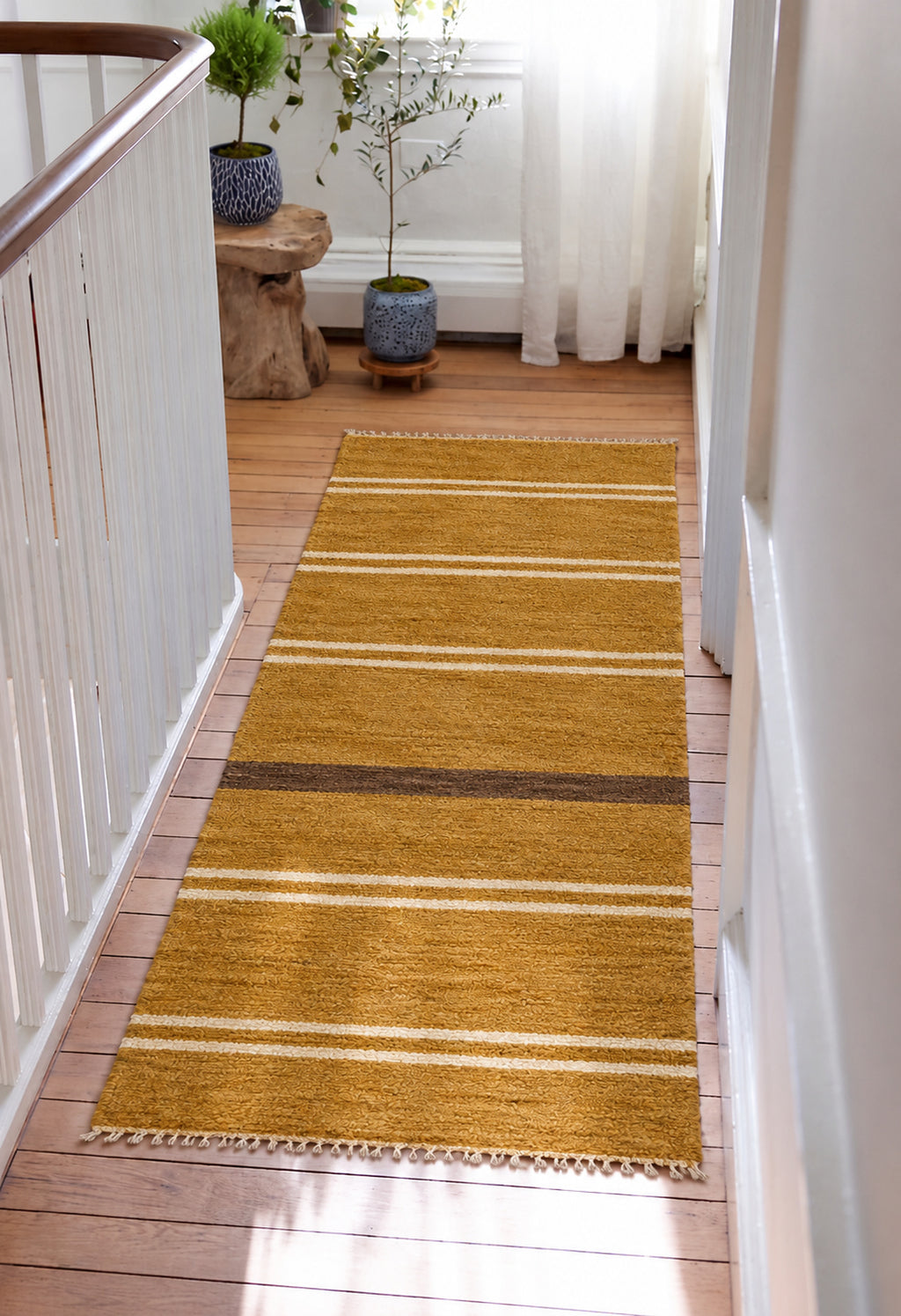 Mustard Beni Ourain runner with ivory and brown stripes in a styled interior
