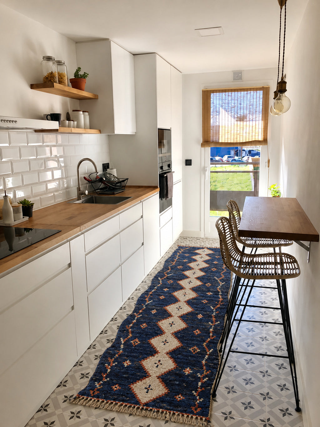 Navy Beni Ourain runner with an ivory diamond chain with rust accents in a styled interior