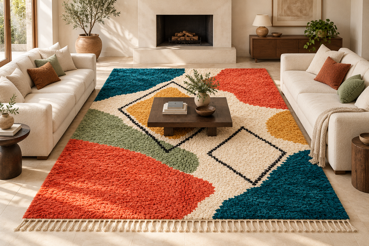 Tapis Atlas prismatique sous deux canapés crème