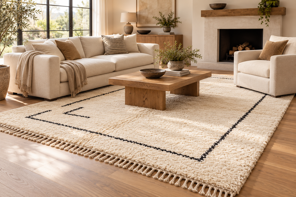 Tapis Azilal ivoire à bordure charbon sous un canapé