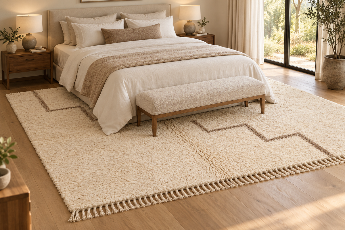 Tapis Azilal ivoire aux chemins taupe sous un lit king-size