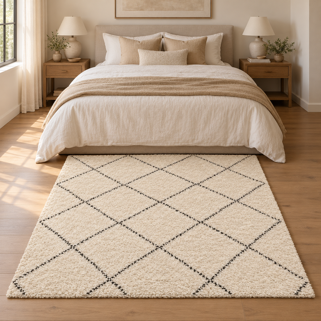 Tapis Beni Ourain ivoire à losanges dans une chambre lumineuse