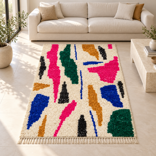 Tapis Boujad multicolore dans un salon lumineux